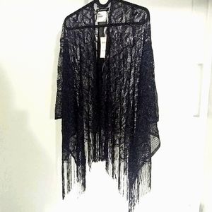 INC Fringe Metalic Sheer Shawl Black One Size